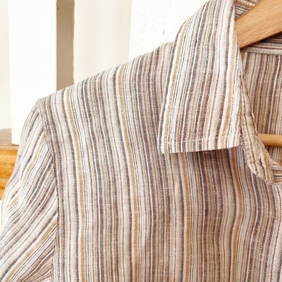 Womens Linen Button-Down Shirt Beige Striped Long Sleeves Collared Size 46 - Picture 2 of 4